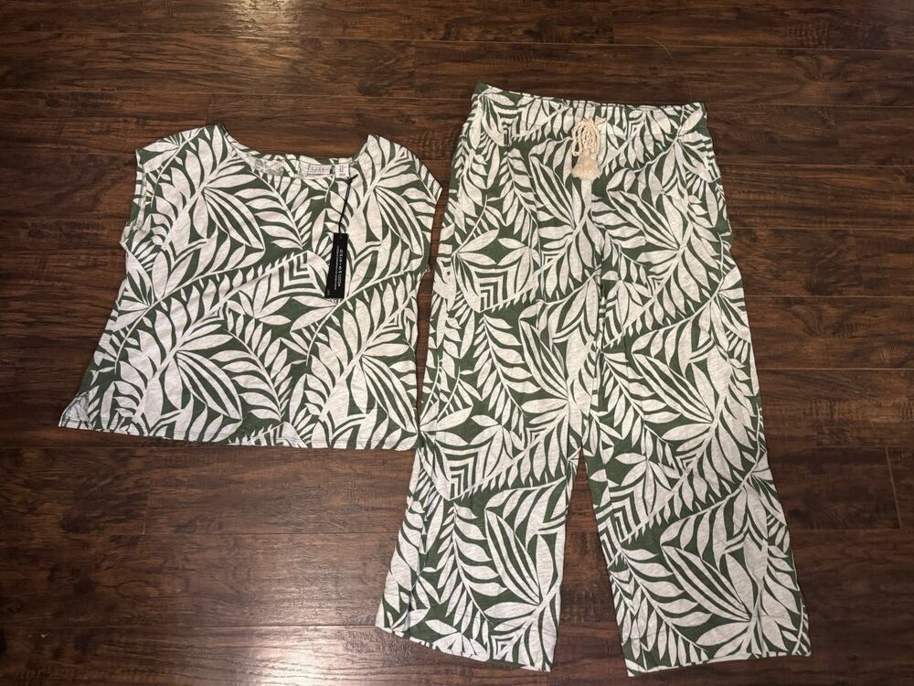 Nicole Miller Top Pants Set Womens Linen Blend Green Tropical Print Sz:XL